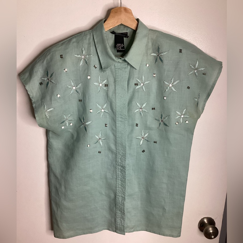 Suzelle Mint Green Embroidered Linen Short Sleeve Shirt M